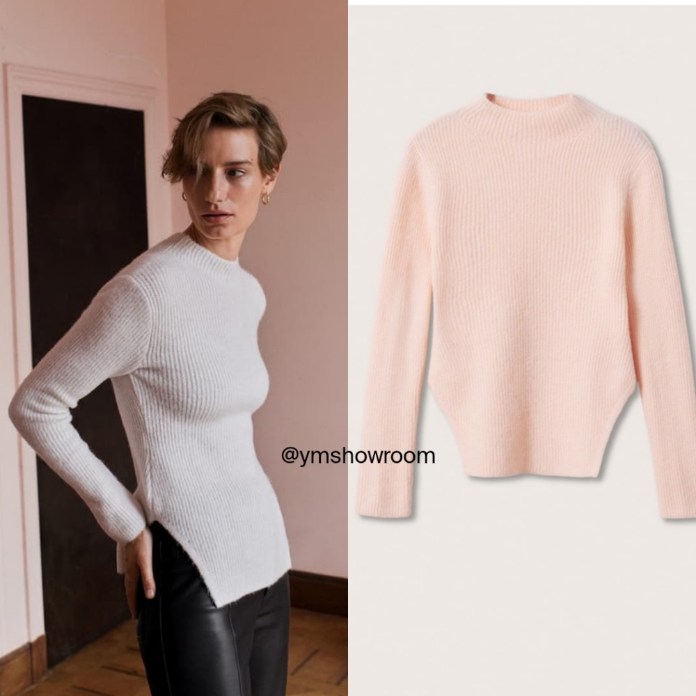 Mango Lightweight Ribbed Crewneck Sweater in Pale Pink and White